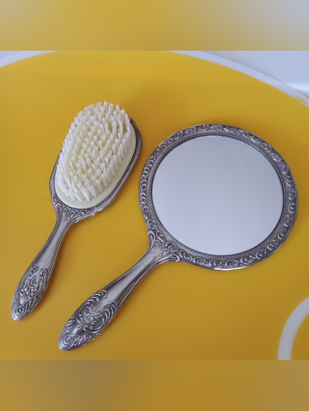 Vintage Hand Mirror and Brush Set - Silver with Cream Bristles
